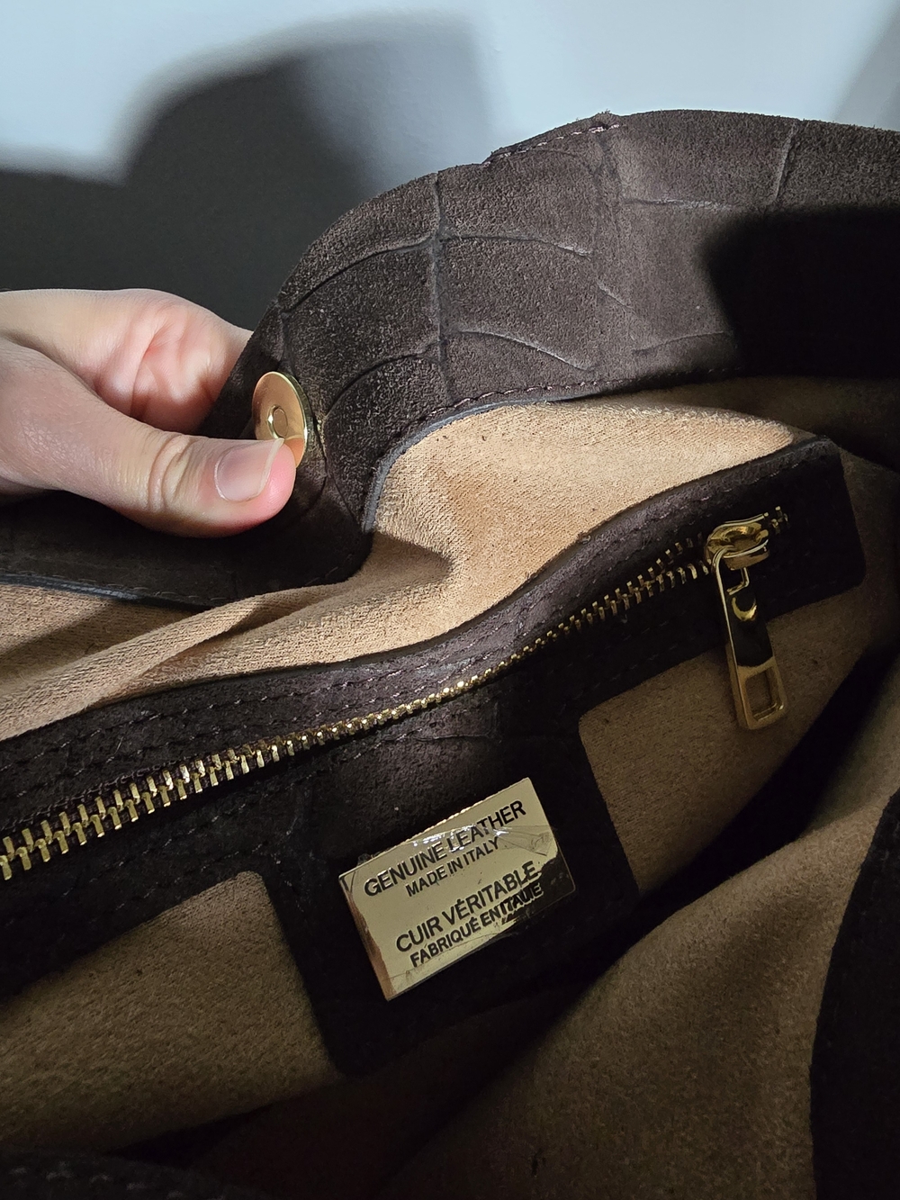 Genuine Leather Croc-Embossed Brown Suede Satchel with Top Handles - Picture 9 of 12